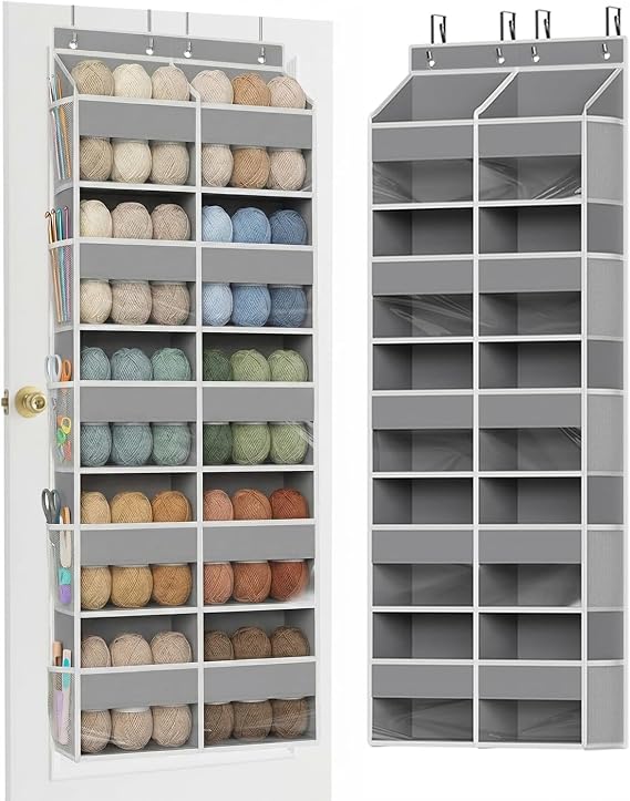Hanging Yarn Storage Organizer, 5 Tiers Large Capacity Yarn Organizer with 10 Compartments and 10 Side Pockets for Crochet Hook, Over Door Organizer for Knitting Needles, Transparent Yarn Holder, Grey