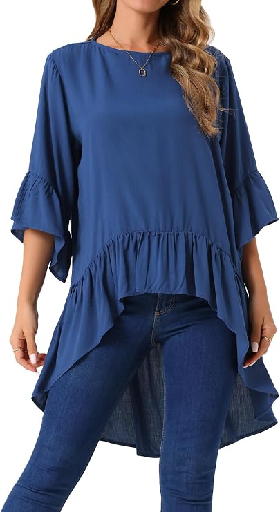 Seta T Women's High Low Tops 3/4 Sleeve Ruffle Asymmetrical Hem Fall Top | Crewneck, Bell Sleeve, Spring Summer, Loose Shirt, Dressy Casual Blouse, Business Work, Lightweight