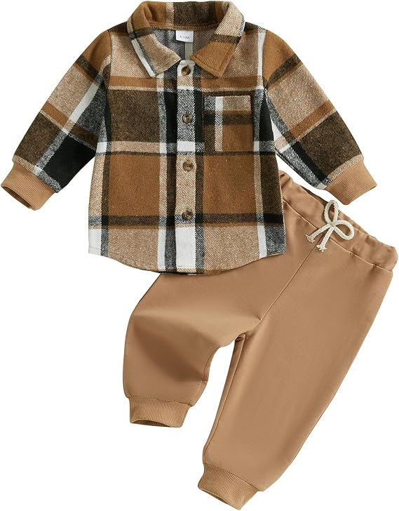 Toddler Boys Fall Outfits Plaid Flannel Baby Boy Jacket Button Down Shirts Pants 2Pcs Festival Clothes Set