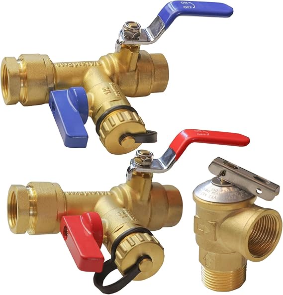 Hourleey 3/4 Inch IPS Isolator Tankless Water Heater Service Valve Kit, with Pressure Relief Valve, Clean Brass