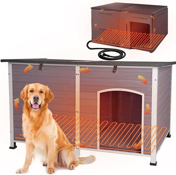 Heated Dog House with Electric Heating Pad Extra Large 59.1" Outdoor & Indoor Dog Kennl with Insulated Liner Keep Warm in Winter, Waterproof Pet Shelter, Strong Metal Frame,35.4"D x 59.1"W x 35.4"H