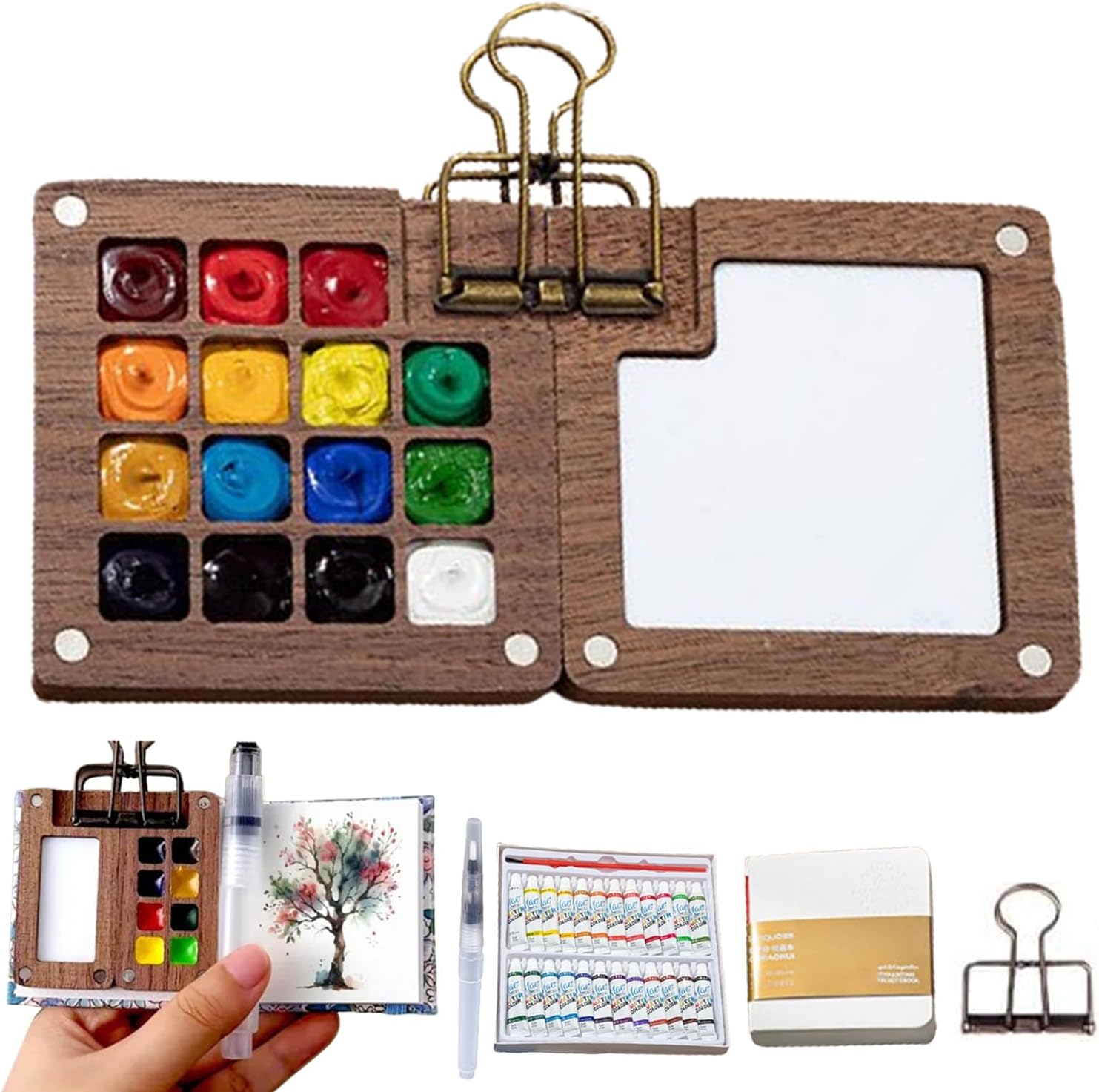 Tobios Watercolor Set, Tobios Watercolor Kit, Pocket Mini Portable Wooden Paint Set, Tobias Watercolors, Miniature Painting Travel Kit, Tiny Wooden Paint Palette, Mini Pocket Sets 15 Grid-B