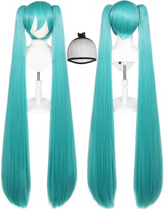 JoneTing Green Wigs Long Green Wig Double Ponytail Wig for Women Cosplay