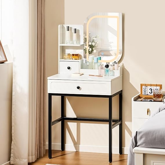 CLIPOP Small Dressing Table with Adjustable 3-color LED Lights & RGB Chasing LED Lights with Music Sync, White Vanity Desk with 2 Drawers and 4 Open Shelves, 60cm Compact Makeup Table for Girls Women