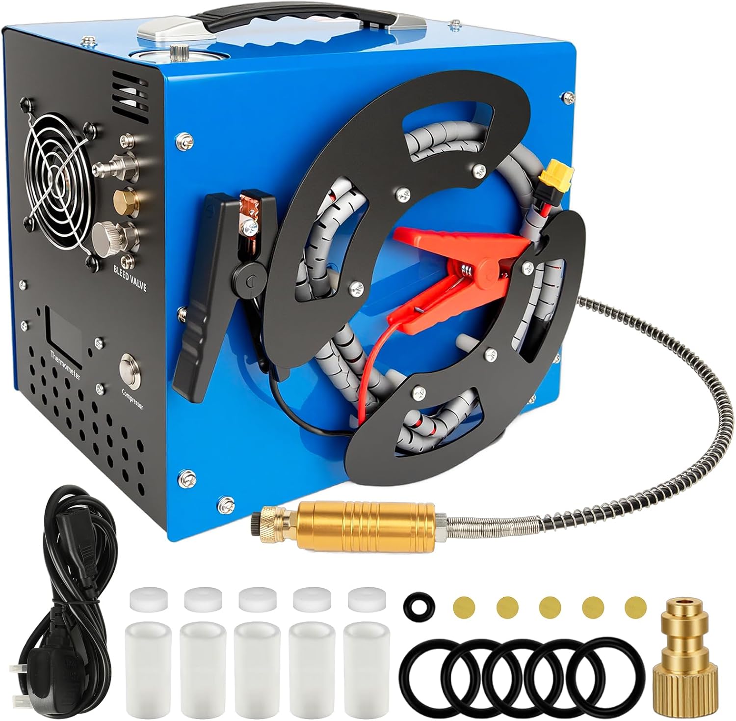 PCP Air Compressor, 4500Psi30Mpa, 350W Motor, Unique VerticalWire Spool Portable Design, Auto-Stop, OilWater-Free, 8MM Quick-Connector for PaintballPCP Air RifleTank, 110V AC or 12V Car Battery