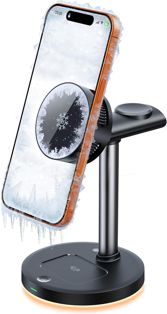 Qi2.2 Certified 25W Semiconductor Cooler Wireless Charger, 3 in 1 Charging Station with ice Block Silent Cooling Fan, Compatible with iPhone 17/16/15/14/13/12, Apple Watch, AirPods (Black)