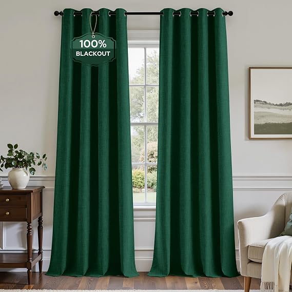 HOMEIDEAS 100% Blackout Dark Green Linen Curtains 52W x 84L 2 Panels | Faux Linen, Thermal Insulated, Darkening Grommet Window Drapes for Bedroom, Living Room