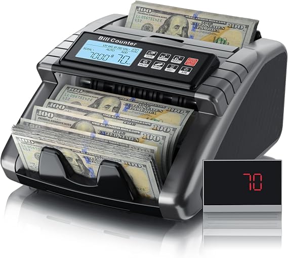 LOLARAN AL1000 Money Counter Machine with Value Counting for USD & EUR, UV/MG/IR/DD/DBL/HLF/CHN Counterfeit Detection, LCD Display, Count/ADD/Batch/AUTO/Manual Modes, 1,300 Notes/Min