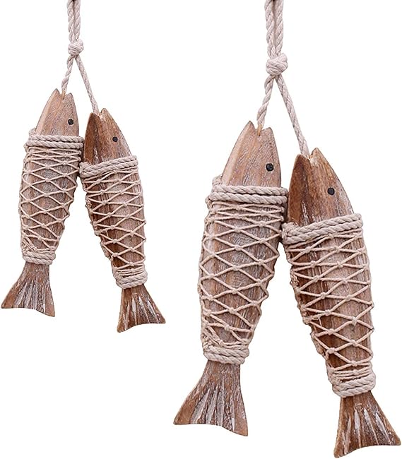 Rustic Nautical Wooden Fish Decor Wall Hanging Fish Sculptures for Bathroom | Bedroom Lake House Decoration 2set