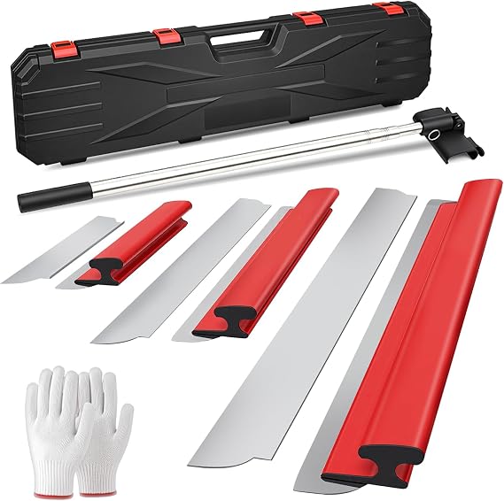 Drywall Skimming Blade Set with Extension Handle and Portable Case | 30/50/80cm Stainless Steel Blade Set, 3 Replaceable Blades and Gloves, Skimming Blades for Smoothing Wall and Ceilings