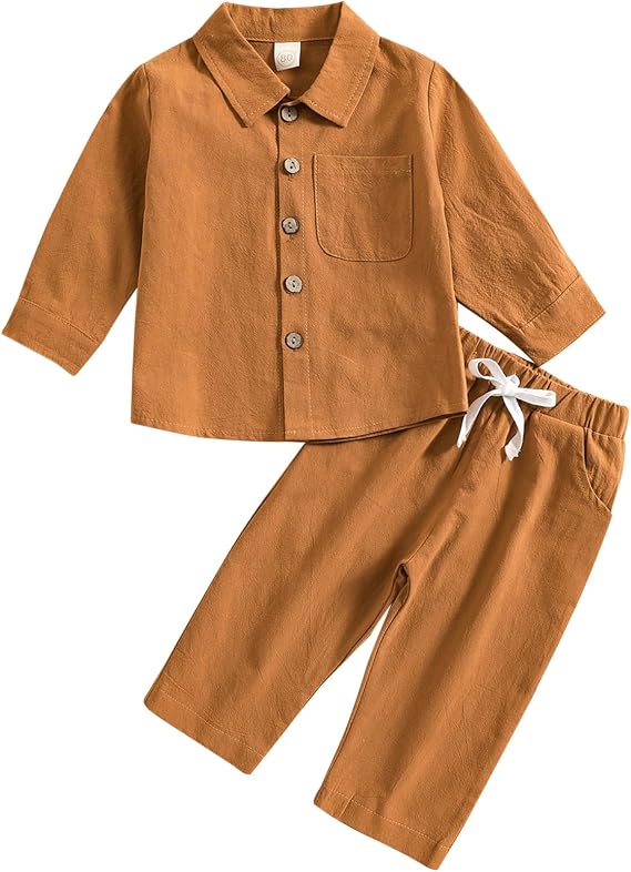 ACESTAR Toddler Baby Boys 2 Pieces Cotton Linen Set Long Sleeve Button Down Shirt Casual Pants Sets Spring Fall Outfits