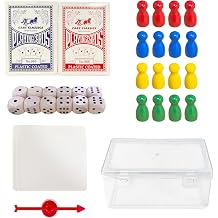 Portable Playing Cards and Dice Set, Include 2 Splash-Resistant Playing Cards, 12 Dice, 16 Pawns, a Spinner, 3 Paper Sheets, and a Plastic Storage Box, Travel-Friendly Set for Outdoor Play