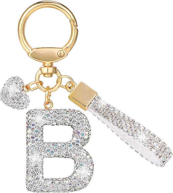 MWOOT Letter Keyring Rhinestone, Initial Keychain Silvery Cute Car Keychain