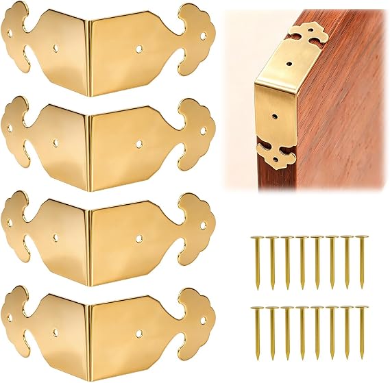 Brass 90 Degree Right Angle Corner Protector Corner,4 pcs Right Angle Decorative Corner Protector Box Edge Cover Bracket, with Mounting Nail (Gold)