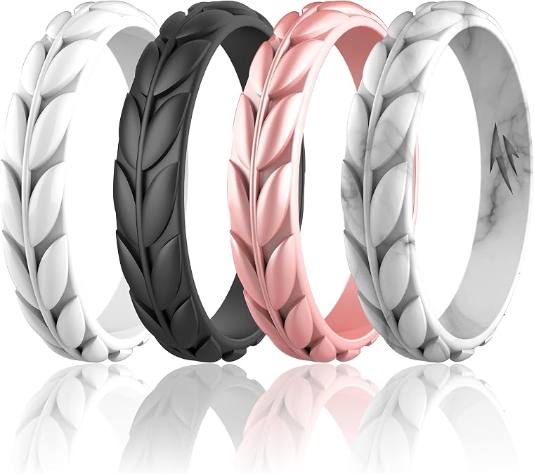 Olive Leaves Silicone Wedding Rings for Women, Rubber Wedding Bands Stackable Ring, Hypoallergenic Silicone