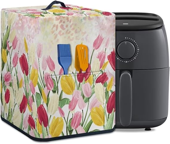Air Fryer Cover with Pocket and Top Handle, Happy Easter Decor Stain Resistant Kitchen Appliance Protective Cover for Electric Appliance, Tulips Flowers