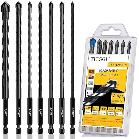 TITGGI 7Pcs Extended Masonry Drill Bit Set, Concrete Drill Bit, 5/32"-3/8"