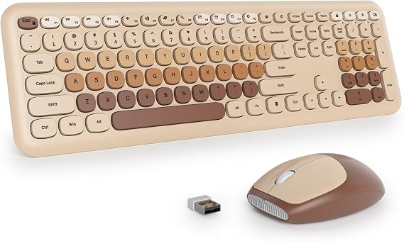 Wireless Keyboard and Mouse Retro Colourful Keyboard with Silent Mouse American QWERTY Cute Wireless Typewriter Keyboard in Full Size USB 2.4 GHz for PC 666-Coffee
