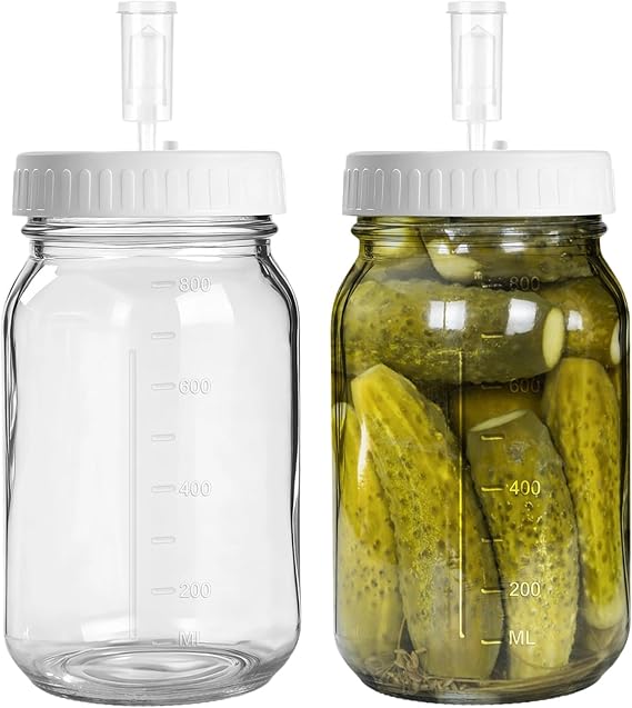 2 Set Fermentation Jar with Airlocks, 1000 ml/34 oz Mason Jars with Scale, Wide Mouth Glass Fermentation Glass Jar, Sourdough Starter Set, Kimchi Jar, Transparent