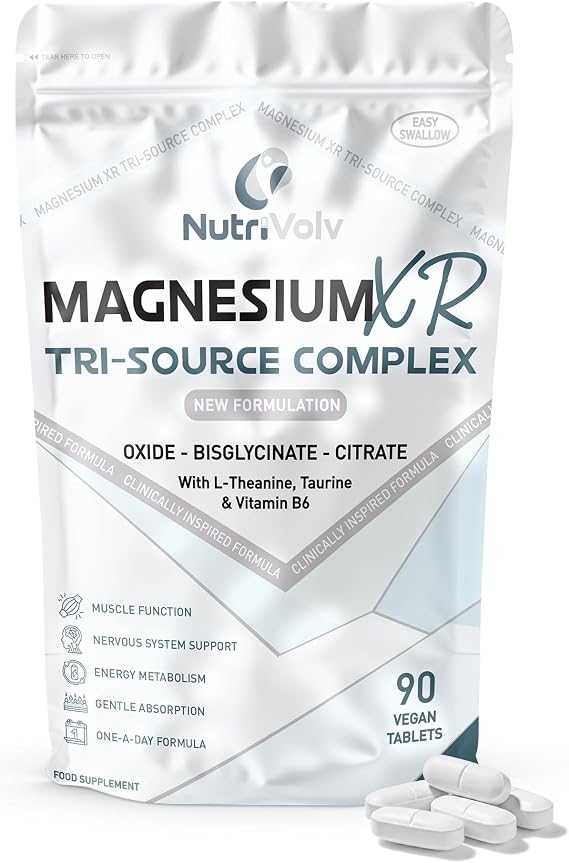 Magnesium XR Tri-Source Complex | 90 Vegan Tablets | Magnesium Bisglycinate, Citrate & Oxide, L-Theanine, Taurine & P-5-P B6 | Muscle & Nervous System Support | 45 Days | UK Made | by NutriVolv