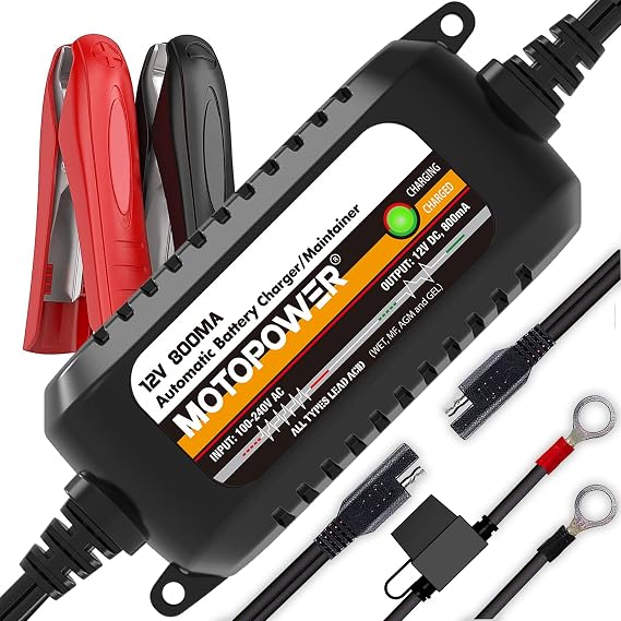 MOTOPOWER MP00205C 12V 800mA Automatic Charger/Maintainer for Cars Motorcycles ATVs Motorhomes Motorhomes Powersports Boat and More. Smart Compact and Eco-Friendly
