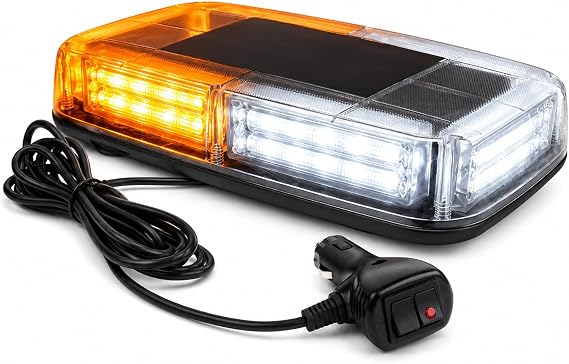 Xprite Amber White LED Rooftop Strobe Light Bar, 19 Flash Patterns, Magnetic Suction Cup Warning Light with 10 ft Cable, Vehicle Outlet Plug for Trucks, Snow Plows, Utility Vehicles, RVs, UTVs