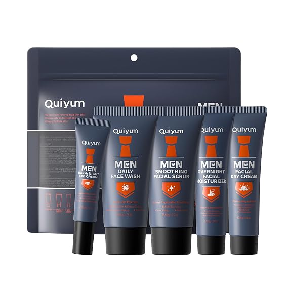 Men Facial Skin Care Kit, Gifts for Men, 5 Piece Essential Skin Care Routine Set for Mens With Facial Cleanser, Face Scrub, Eye Cream, Day Cream & Overnight Moisturizer Travel Size Kit
