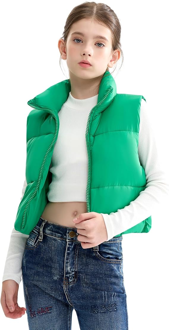 maoo garden Girls Winter Puffer Vest Faux-Down Short Cropped Lightweight Water-Resistant Big Girls Sleeveless Jacket