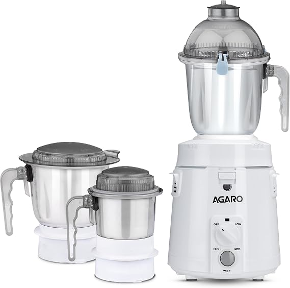 AGARO Royal Mixer Grinder 900W, Heavy Duty, 100% Pure Copper Motor, 3 Stainless Steel Jar, 3 Speed, Whip Function, Stainless Steel Blades, Wet & Dry Grinding, White