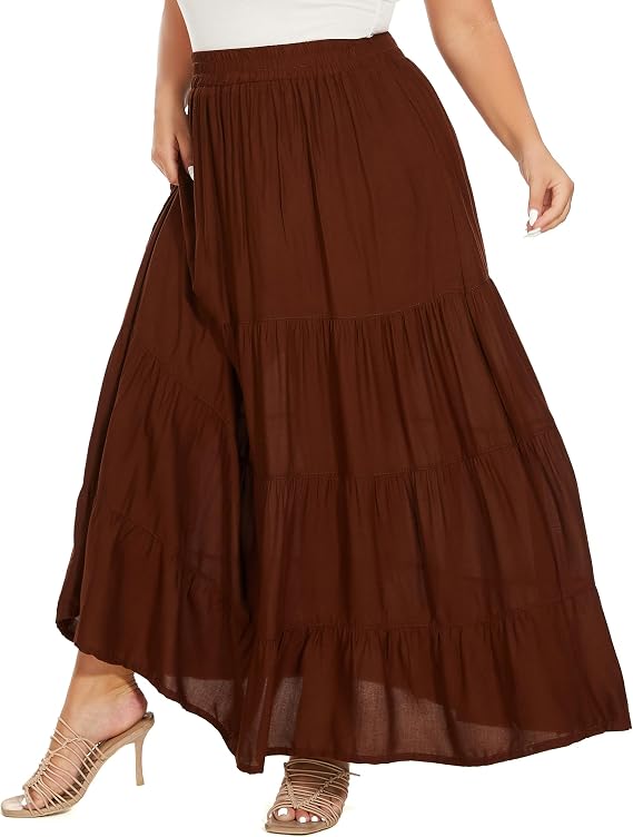 Beautybatik Women Boho Gypsy Summer Elastic Waist Renaissance Maxi Flowy Long Tiered Plus Size Skirt XL to 3X