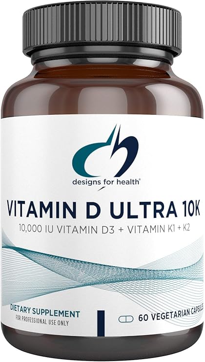 Designs for Health Vitamin D Ultra 10k - 10,000 IU D3 High Potency Vit D3 and Vitamins K1 + K2 (MK7) Immune Support Supplement for Adults - Non-GMO + No Soy (60 Capsules)