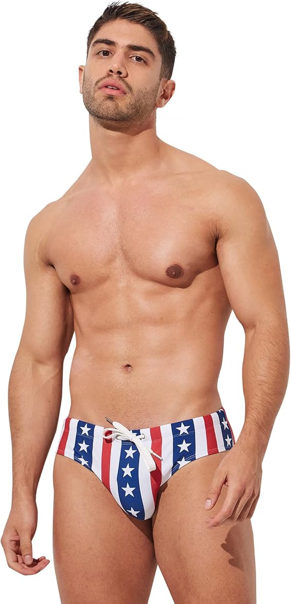 Mens USA Flag Stars Low Rise Swimwear Bikini Briefs Beach Swimsuit