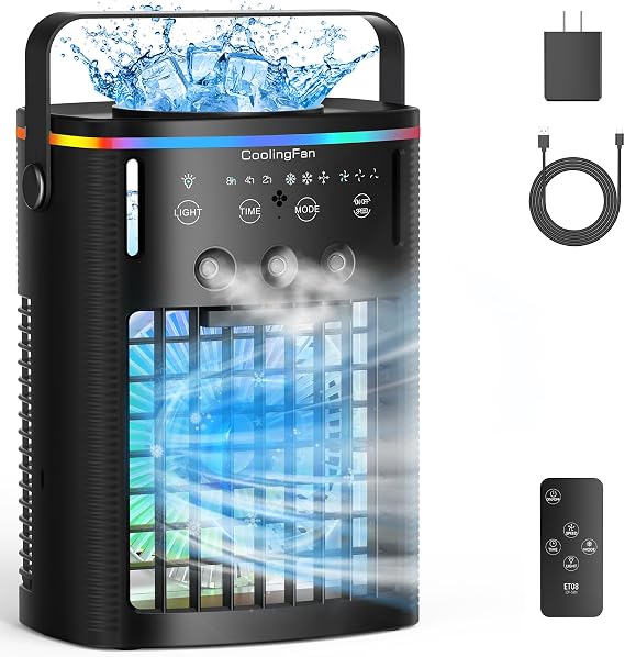 Portable Air Conditioners, Portable Mini Air Conditioner with Remote Control, 3 Speeds & 3 Mist, 2-8H Timer and 7-Light Evaporative Air Cooler, Air Fan