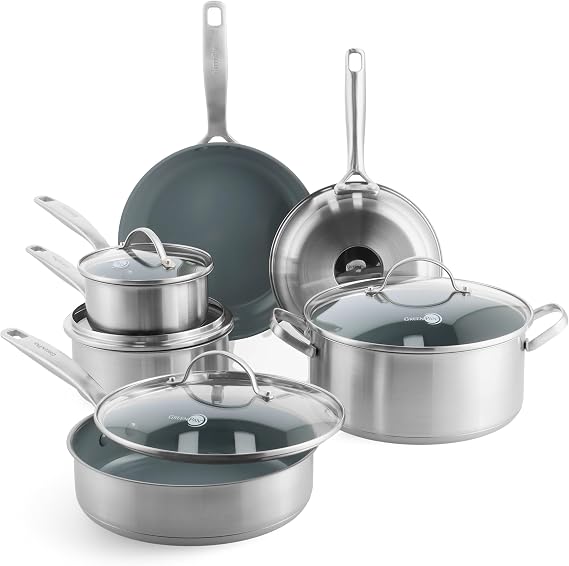 GreenPan Treviso Stainless Steel Healthy Ceramic Non-Stick Coating 10-Piece Cookware Set Including Frying Pans Saute Pan PFAS-Free Induction Oven Safe Dishwasher Safe Silver