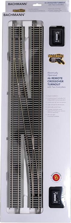 Bachmann Trains - Snap-Fit E-Z TRACK #6 REMOTE CROSSOVER TURNOUT - LEFT (1/box) - NICKEL SILVER Rail With Gray Roadbed - HO Scale