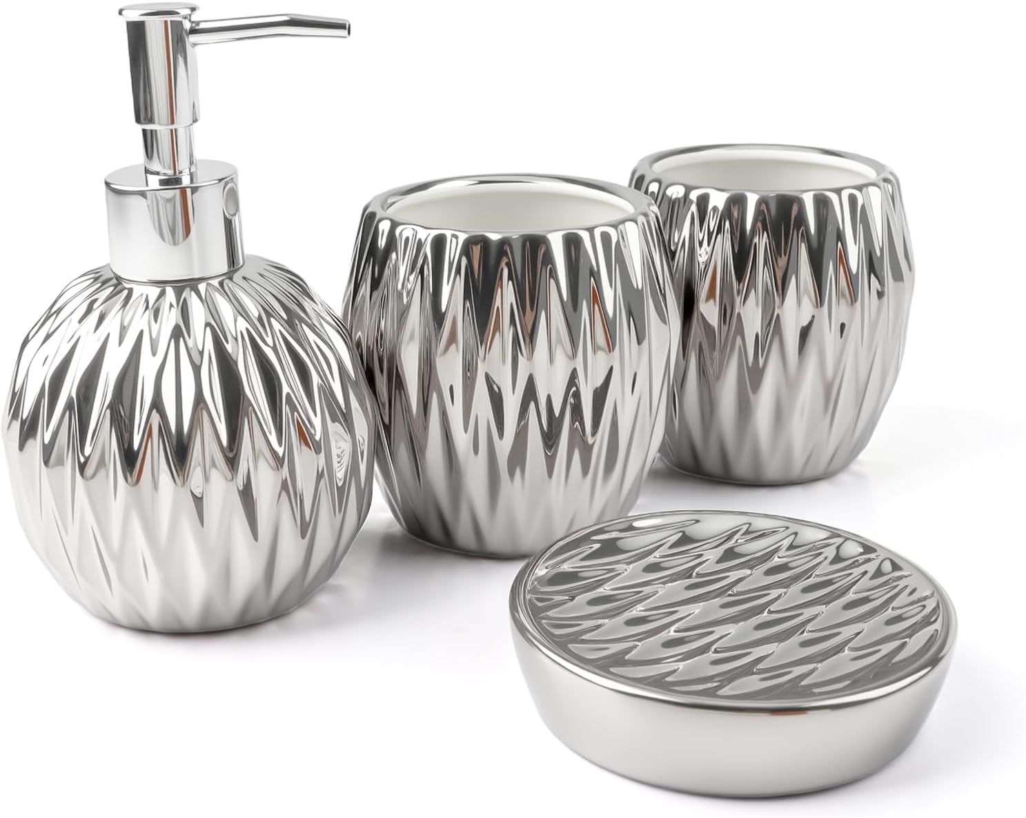 Bathroom Accessories Set 4 Piece, Ceramic Soap Dispenser and Toothbrush Holder Set, Modern Countertop Decor Organizer Set for Bathroom Sink, Gift for Housewarming Wedding (Silver)