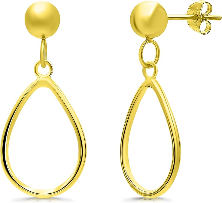 Sterling Silver Open Teardrop Dangle Hoop Earrings 5mm Bead Post Dangle Earrings for Women