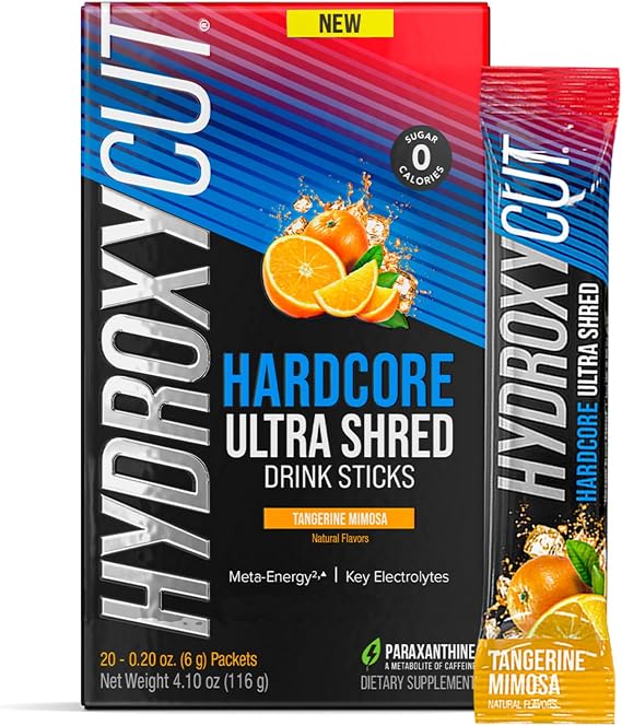 Hydroxycut Drink Mix Hardcore Ultra Shred, Tangerine Mimosa, 20 Stick Packs | Thermogenic, Metabolism and Energy Support Supplement, Green Coffee Extract, B Vitamins, Electrolytes and Biotin
