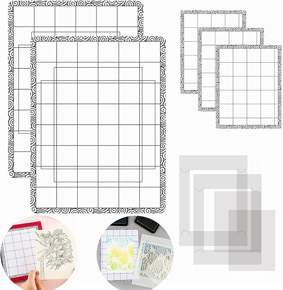 5 PCS Low Stick Mat Sticky Non-Slip Flexible Gridded Stamp Mats, 2 Standard and 3 Mini with 1 Plastic Blending Buddy Sheets Set Multi-Use Low Tack Mat,Stamp Adhesived Sheet Scrapbooking Craft Tool