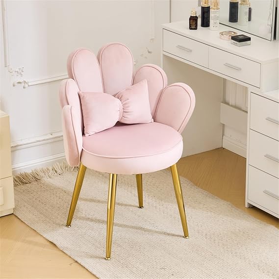 VINGLI Petal Makeup Vanity Chair with Back,Flower Cute Girls Desk Chair Comfy No Wheels,Modern Dining Chair,Small Accent Chair with Adustable Gold Legs&Bow Pillow for Home Office,Bedroom,Velvet,Pink