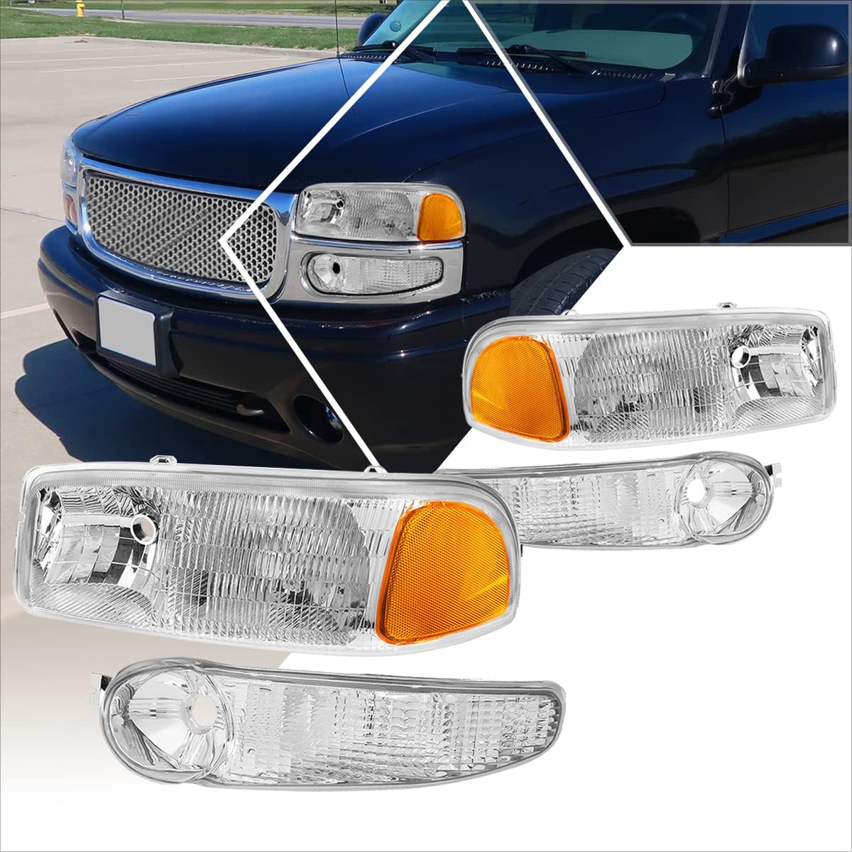 PM PERFORMOTOR [4Pcs-Set] Headlights AssemblySignal Lamps Compatible with 01-07 GMC Sierra Yukon Denali,Chrome HousingAmber Corner