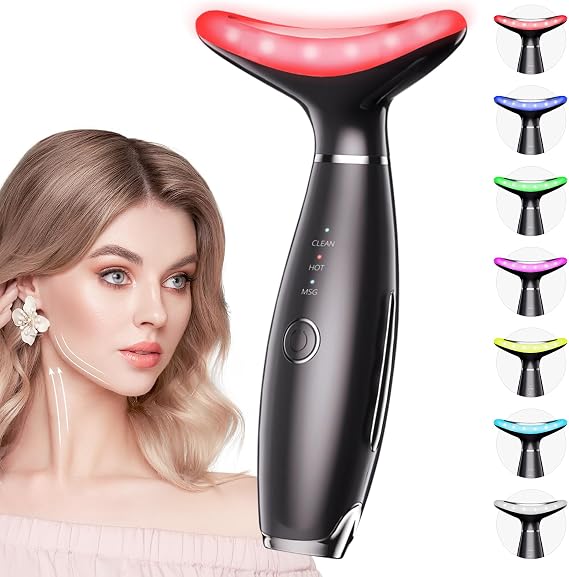 Dopsikn 7 Color Galvanic Machines - Red Light Therapy for Face and Neck, Face Massager Tool for Wrinkles, Double Chin, Vibrating Facial Massager with Thermals, Black