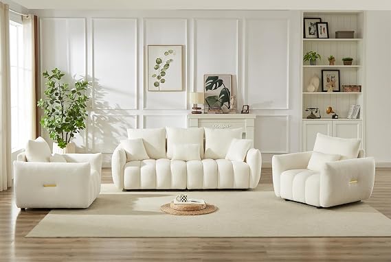 Antetek Set of 3 Teddy Fabric Sofa for Living Room, Modern 2 Units Deep Seat Sofa Chairs and an Oversized 3-Seater Cloud Boucle Couch for Bedroom, Office, Apartment, Furniture Set, Beige (3 Pieces)