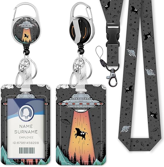 Gctriki Lanyards for ID Badges and Keys, Funny UFO Badge Reel Retractable | Heavy Duty 360 Swivel Carabiner Clip, ID Card Holder, Detachable Lanyard, Name Tag, Women Men Teacher Nurse Office Gifts