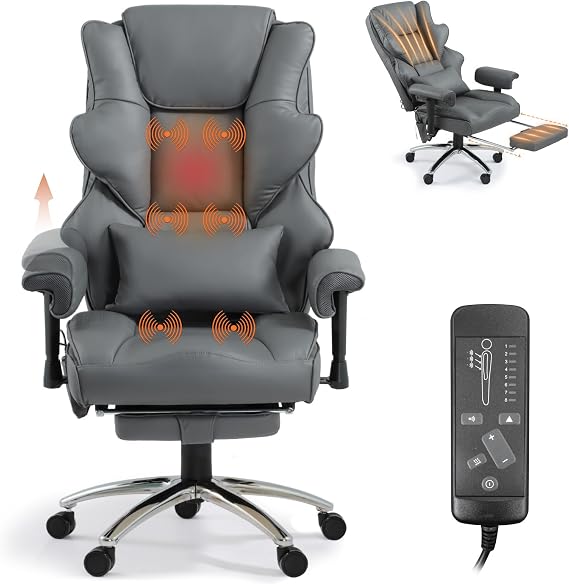 Vibration Massage Heated Office Desk Chair with Foot Rest, Gray