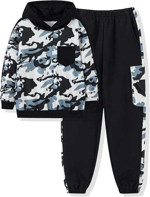 Boys Clothes Camouflage Patchwork Long-Sleeved Hooded Sportswear, Camouflage Sports Pants,Boys Outfits