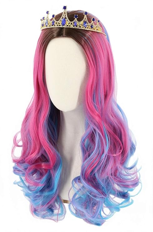Topcosplay Girls Wig and Crown Long Wavy Pink Mixed Blue Halloween Costume Party Wig Black Roots