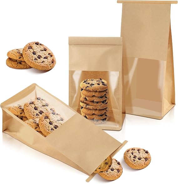 100 Pieces Bakery Bags with Window 11x5.1x3.9 Inches Brown Paper Bread Toast Loaf Packaging Bags Tin Tie Tab Lock Bags for Storing Foods