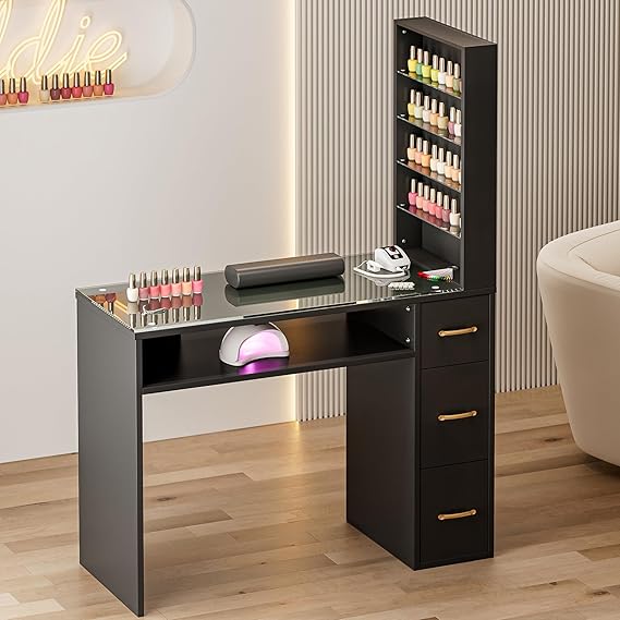 Manicure Table for Nail Tech with Drawers, Glass Top Nail Desk Station w/Storage Shelves, Wrist Cushion, Golden Handles, Spa Beauty Salon Workstation (Black)