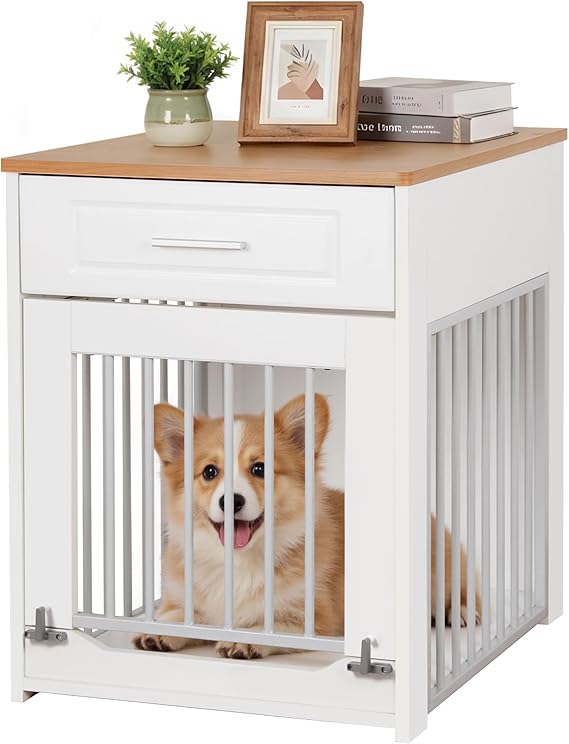 Dog Crate for Small Dog, Wooden Dog Cage with Flip-Up Door, White | Wooden Dog Crate Furniture with Lockable Door and Drawer, Indoor Puppy Kennel End Side Table, Decorative Puppy House